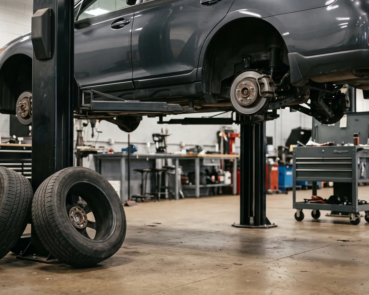A bay in Philadelphia with a vehicle on the lift and all four wheels off